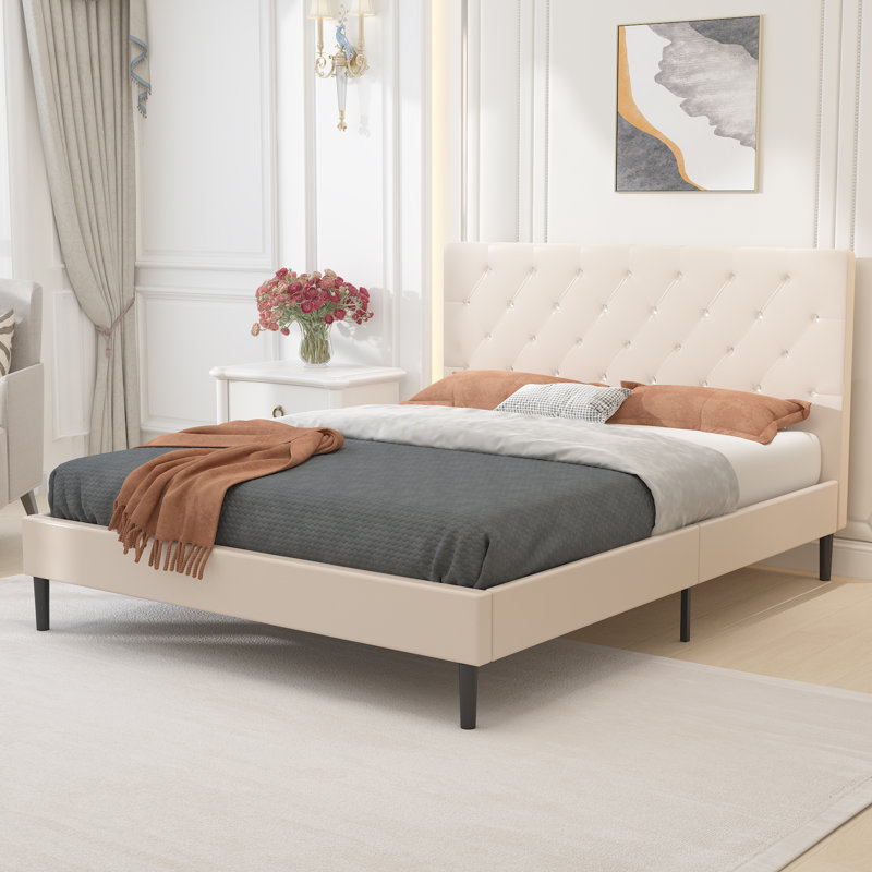 Ebern Designs NoahJohn Wood Queen Bed Frame with Upholstered Headboard
